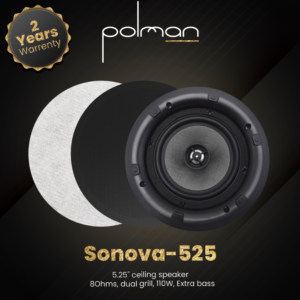 רמקול שקוע 5.25, POLMAN התנגדות 8 Ohms, גריל מגנטי כפול (שחור ולבן), 110W,סאונד ובס מחוזקים שנתיים אחריות מחיר ליחידה אחת