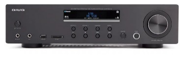 רסיבר סטריאו 120 וואט RMS עם 2 ערוצים יורד ל-4 אום BLUETOOTH ונגן USB/SD-MP3. פאנל קדמי מאלומיניום אנודייז (גימור קו שיער מוברש) בקר EQ רוטרי דיגיטלי לבקרת עוצמת קול/טרבל/בס/איזון עם קריאה דיגיטלית פס